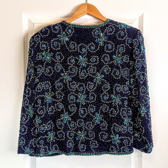 Vintage Papell Boutique Evening Black Blue Teal Beaded Sequin Jacket - Picture 2 of 5